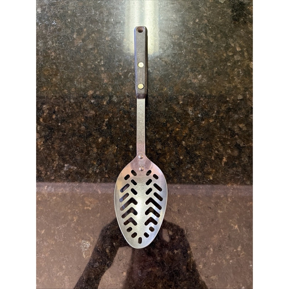 Vintage 11" Ekco Forge Slotted Serving Spoon Stainless Steel Black Handle